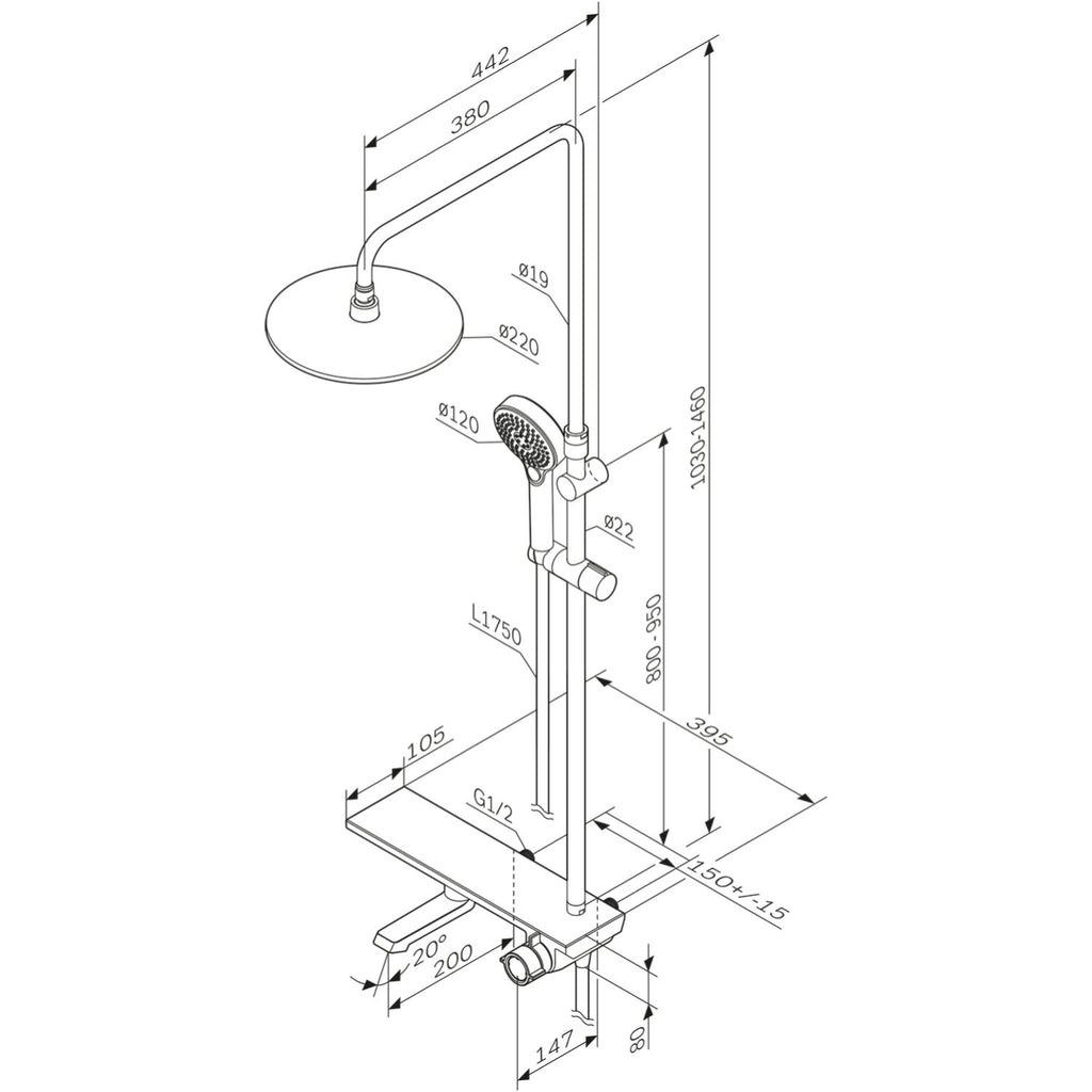 Shower system AM.PM Flash F079H700 with Armatur and shelf, Chrom