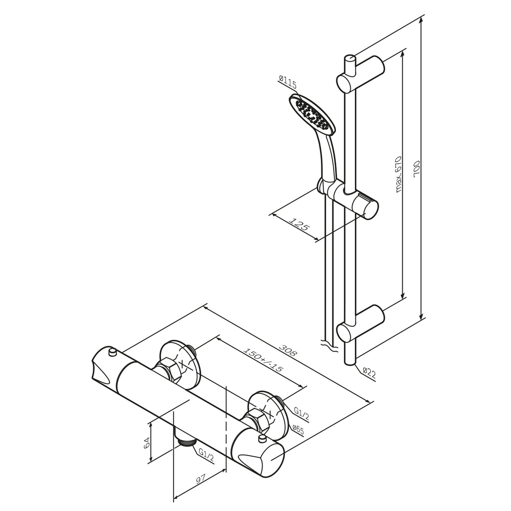 Handduschset AM.PM Hit F408TA46 mit thermostatischer Duscharmatur, Chrom
