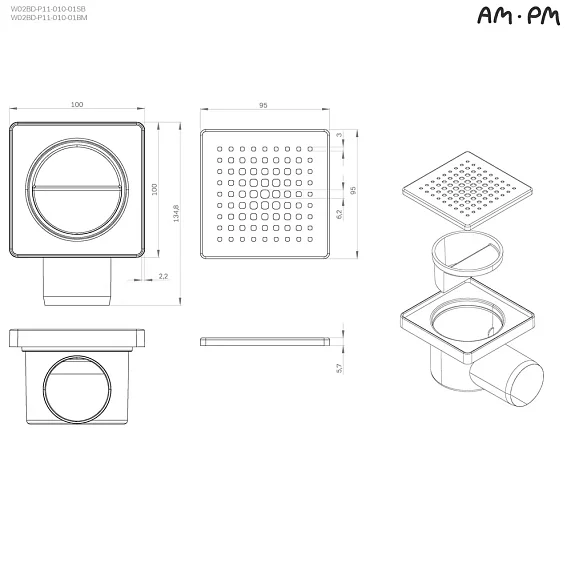 Душевой трап 10x10 AM.PM PrimeFlow W02BD-P11-010-01BM гидрозатвор с черной матовой решеткой