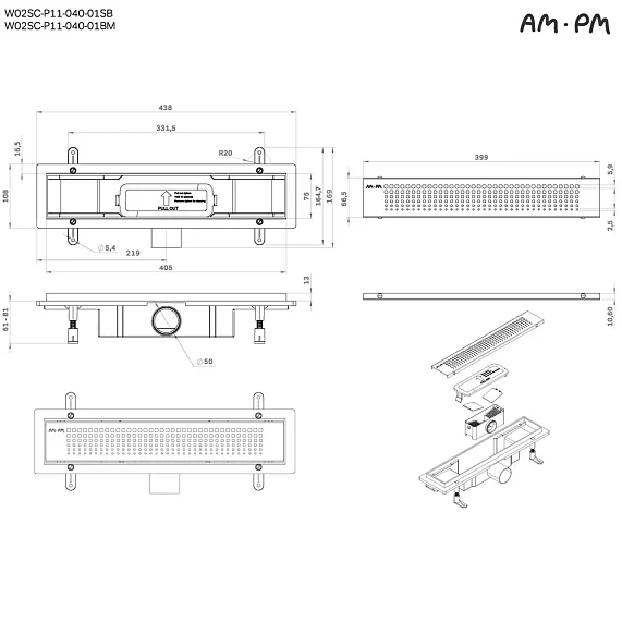 Душевой трап (лоток) 40 AM.PM PrimeFlow W02SC-P11-040-01SB комбинированный затвор со стальной матовой решеткой