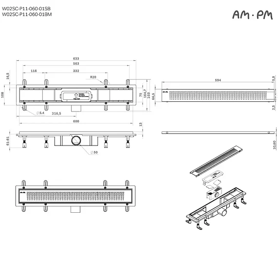 Душевой трап (лоток) 60 AM.PM PrimeFlow W02SC-P11-060-01BM комбинированный затвор с черной матовой решеткой