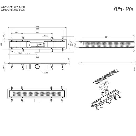 Душевой трап (лоток) 60 AM.PM PrimeFlow W02SC-P11-060-01SB комбинированный затвор со стальной матовой решеткой