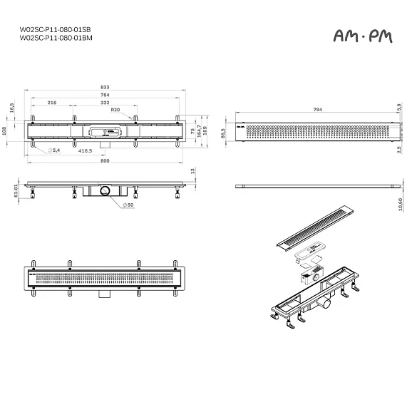 Душевой трап (лоток) 80 AM.PM PrimeFlow W02SC-P11-080-01BM комбинированный затвор с черной матовой решеткой