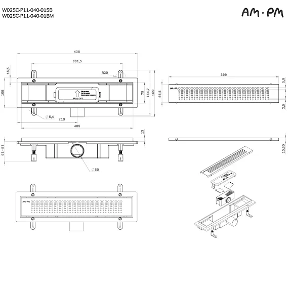 Душевой трап (лоток) 40 AM.PM PrimeFlow W02SC-P11-040-01BM комбинированный затвор с черной матовой решеткой