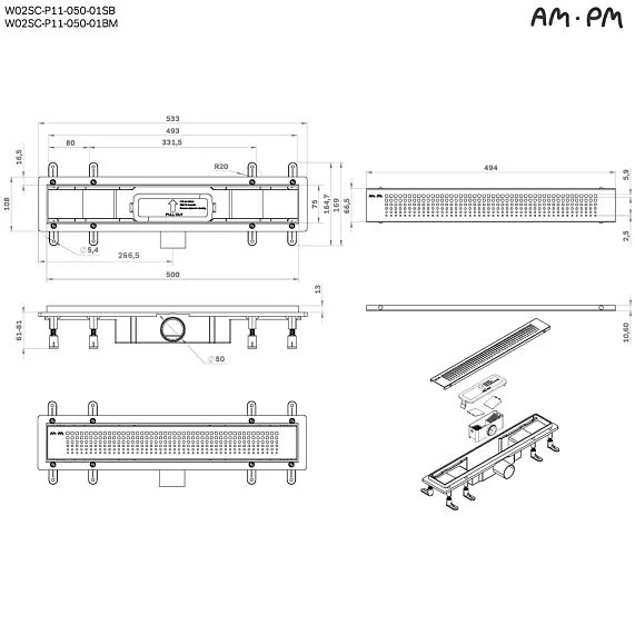 Душевой трап (лоток) 50 AM.PM PrimeFlow W02SC-P11-050-01BM комбинированный затвор с черной матовой решеткой