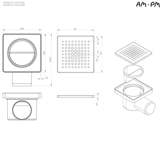 Душевой трап 10x10 AM.PM PrimeFlow W02BD-P11-010-01SB гидрозатвор со стальной матовой решеткой